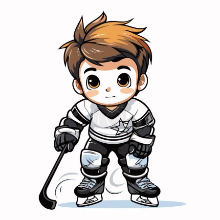 Joli garçon jouant au hockey. Illustration vectorielle de bande dessinée isolée sur fond blanc.