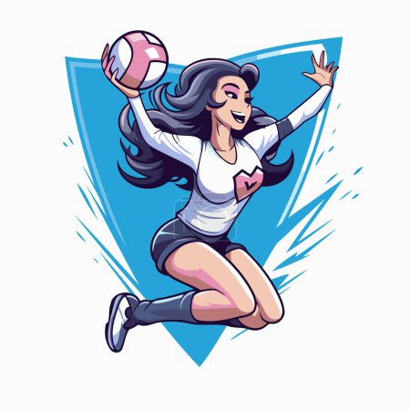 Illustration for Female volleyball player jumping with ball. Vector illustration in cartoon style. - Royalty Free Image