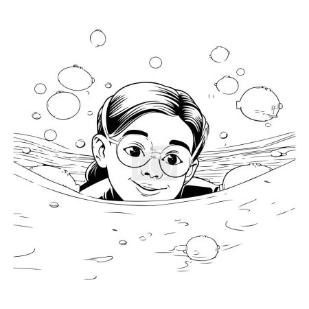 Ilustración de Lindo chico de dibujos animados nadando en la piscina. Ilustración vectorial en blanco y negro. - Imagen libre de derechos