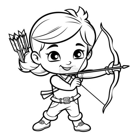 Téléchargez les illustrations : Garçon mignon avec arc et flèche - illustration en noir et blanc. - en licence libre de droit