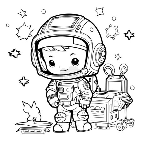 Téléchargez les illustrations : Coloriage Aperçu d'un enfant astronaute avec équipement spatial - en licence libre de droit