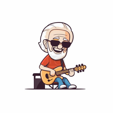 Téléchargez les illustrations : Homme âgé jouant de la guitare. Illustration vectorielle dans le style dessin animé - en licence libre de droit