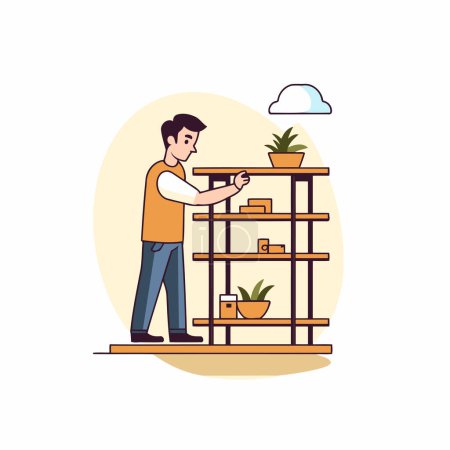 Hombre eligiendo plantas en estante ilustración vectorial plana aislada sobre fondo blanco.