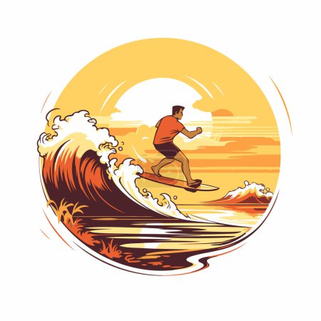 Illustration for Surfer rides the wave at sunset. Vector illustration in retro style - Royalty Free Image