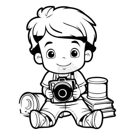 Téléchargez les illustrations : Garçon photographe avec appareil photo - Illustration de bande dessinée noir et blanc. Vecteur - en licence libre de droit