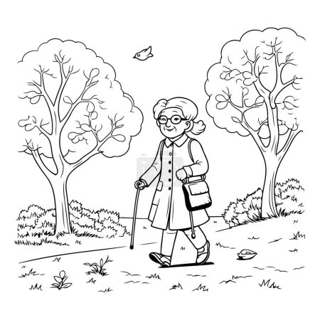 Téléchargez les illustrations : Femme âgée marchant dans le parc. Illustration vectorielle dessinée main. - en licence libre de droit