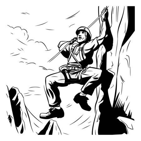 Illustration for Rock climber on a cliff. Black and white vector illustration. - Royalty Free Image
