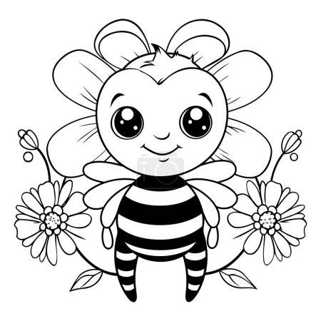 Illustration for Coloring book for children: bee with flowers. Black and white vector illustration. - Royalty Free Image