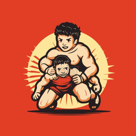 Illustration for Vector illustration of a strong man with his son in a wrestling pose - Royalty Free Image