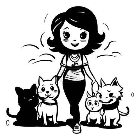 Illustration for Black and white vector illustration of a young woman walking with her pets - Royalty Free Image