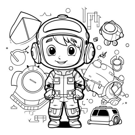 Téléchargez les illustrations : Coloriage contour de dessin animé astronaute garçon vectoriel illustration - en licence libre de droit