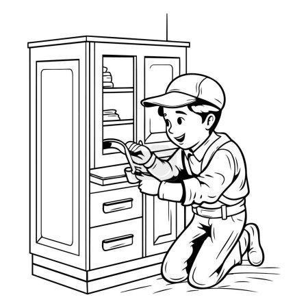 Ilustración de Ilustración de dibujos animados vectoriales de un hombre con una llave inglesa reparando una nevera abierta. - Imagen libre de derechos