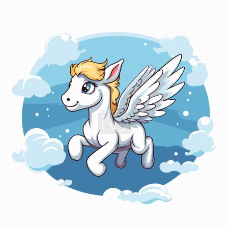 Ilustración de Lindo unicornio blanco de dibujos animados volando en el cielo. Ilustración vectorial. - Imagen libre de derechos