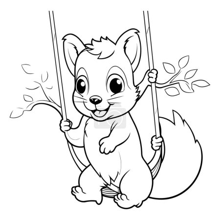 Téléchargez les illustrations : Joli écureuil balançant sur une balançoire. Livre à colorier pour enfants - en licence libre de droit