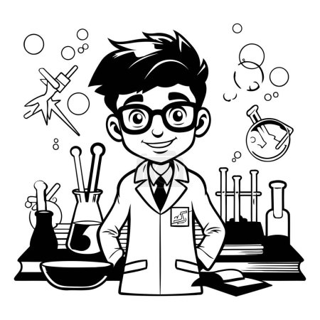 Illustration for Scientist cartoon character with science equipment. Black and white vector illustration. - Royalty Free Image