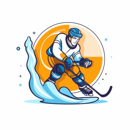 Illustration for Ice hockey player with the stick and puck on ice. Vector illustration. - Royalty Free Image