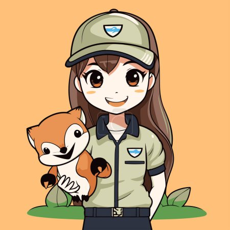 Téléchargez les illustrations : Illustration d'une jolie petite fille en uniforme avec un renard - en licence libre de droit