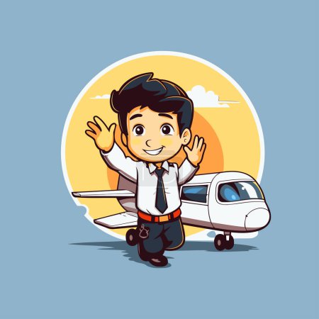 Illustration for Businessman with airplane on the background. Vector cartoon character illustration. - Royalty Free Image