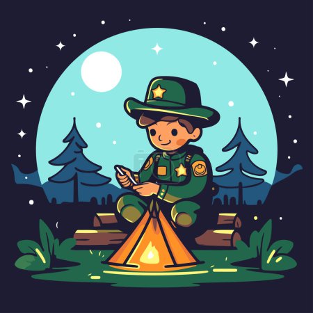 Illustration for Little boy scout sitting near bonfire. Camping at night. Vector illustration - Royalty Free Image
