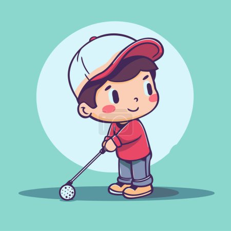 Netter kleiner Junge beim Golfspielen. Vektorillustration im Cartoon-Stil.