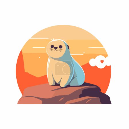 Illustration for Cute seal sitting on the rock. Vector illustration in flat style - Royalty Free Image