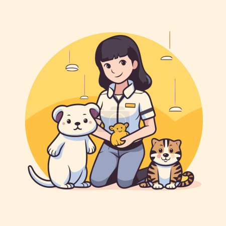 Téléchargez les illustrations : Vétérinaire avec chat et chien. Illustration vectorielle dans le style dessin animé - en licence libre de droit