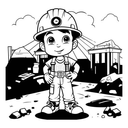 Téléchargez les illustrations : Dessin animé noir et blanc Illustration d'un garçon enfant dans un casque de mineur pour livre à colorier - en licence libre de droit