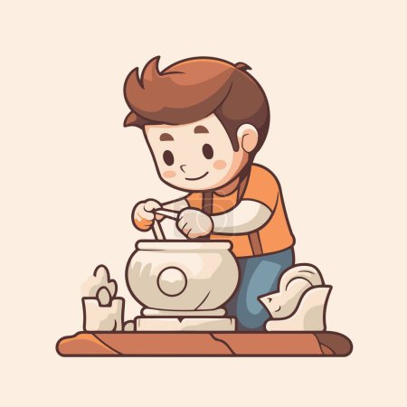 Illustration for Cute boy making pottery. Vector illustration in cartoon style. - Royalty Free Image