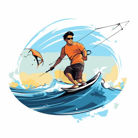 Illustration for Kitesurfing. Vector illustration of a surfer on the waves. - Royalty Free Image