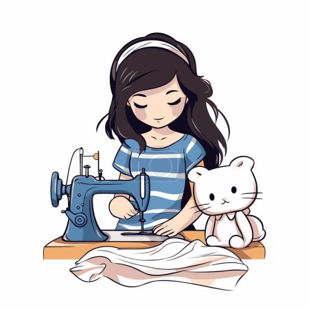 Ilustración de Niña cosiendo con una máquina de coser y un gato. Ilustración vectorial. - Imagen libre de derechos