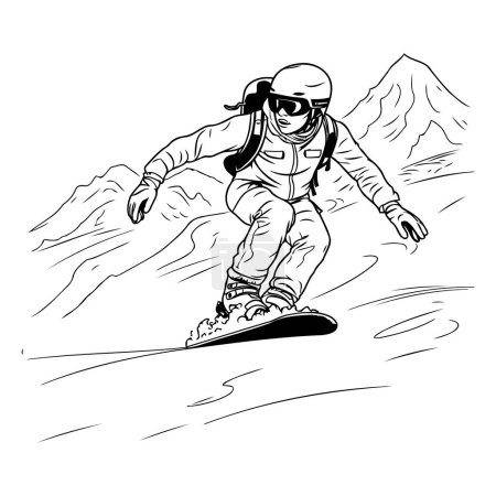 Téléchargez les illustrations : Snowboarder sautant dans les montagnes. Illustration vectorielle noir et blanc. - en licence libre de droit