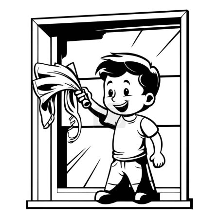 Illustration for Boy cleaning window with cloth. black and white vector cartoon illustration. - Royalty Free Image