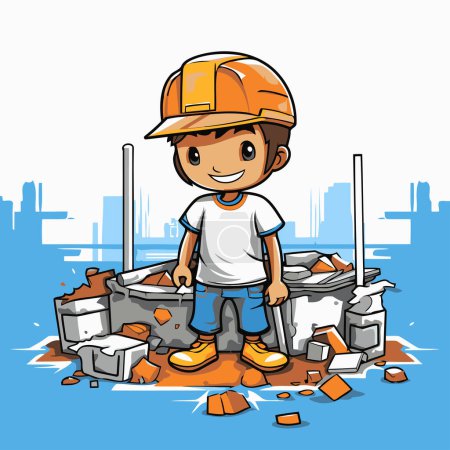 Illustration for Cartoon boy in a construction site. Vector clip art illustration. - Royalty Free Image
