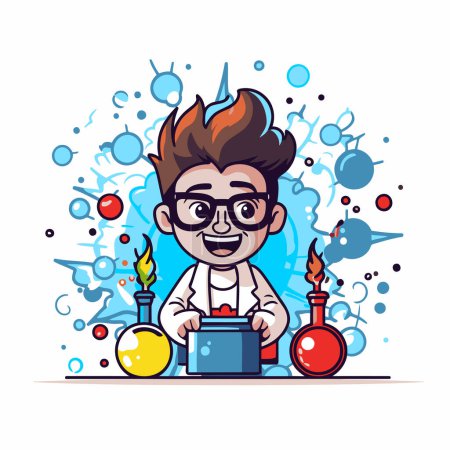 Ilustración de Científico con matraz químico y tubo de ensayo. Dibujos animados vectoriales ilustración. - Imagen libre de derechos