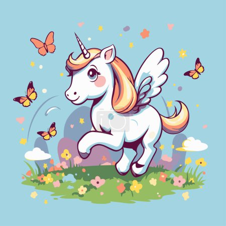 Illustration for Cute cartoon unicorn on the meadow with butterflies. Vector illustration. - Royalty Free Image