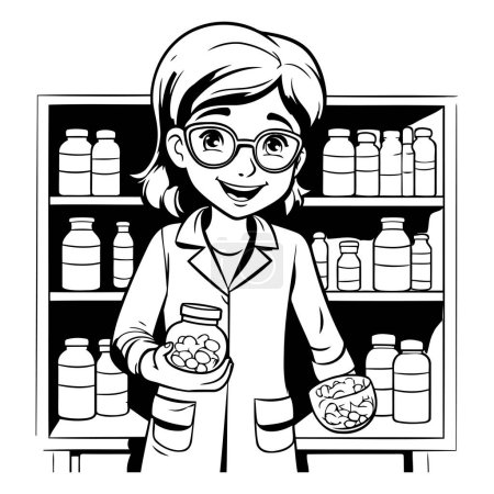 Ilustración de Farmacéutica sosteniendo un frasco con pastillas. Ilustración vectorial en blanco y negro. - Imagen libre de derechos