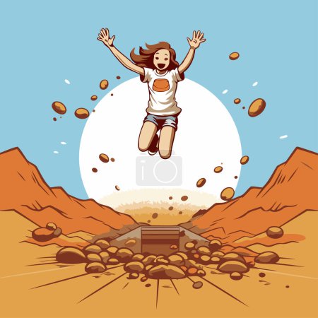Téléchargez les illustrations : Une femme heureuse sautant dans le désert. Illustration vectorielle d'une fille sautant dans le désert. - en licence libre de droit