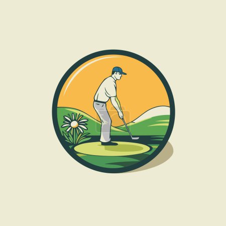 Téléchargez les illustrations : Logo du club de golf avec golfeur en illustration vectorielle de parcours de golf. - en licence libre de droit