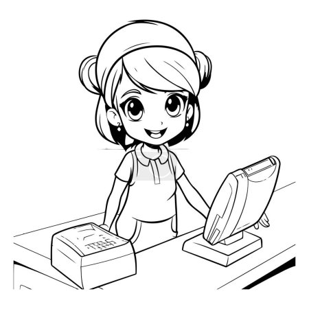 Téléchargez les illustrations : Dessin animé noir et blanc illustrant une jolie petite fille ou une adolescente à l'aide d'un bureau de caisse - en licence libre de droit