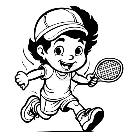 Téléchargez les illustrations : Joueur de tennis Little Boy Illustration de dessin animé noir et blanc. Vecteur - en licence libre de droit