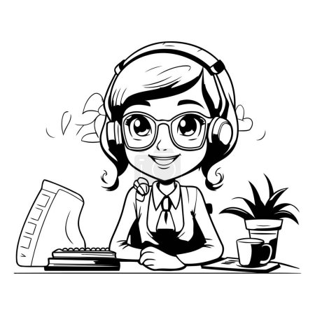 Téléchargez les illustrations : Illustration vectorielle d'une fille dans un casque avec un ordinateur et une tasse de café - en licence libre de droit