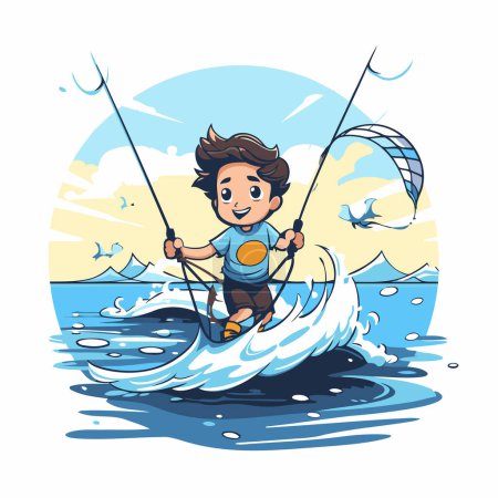 Illustration for Boy kitesurfing on the sea. Vector cartoon illustration. - Royalty Free Image