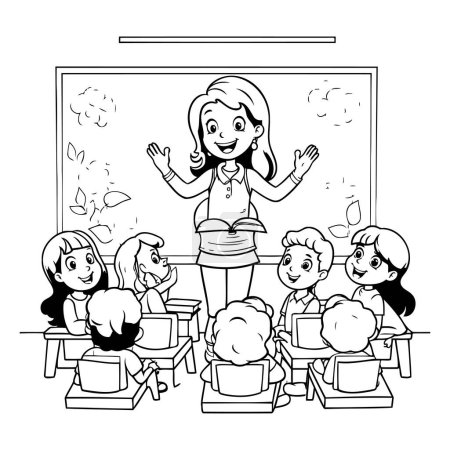 Téléchargez les illustrations : Enseignant et élèves en dessin animé en classe illustration vectorielle noir et blanc graphisme - en licence libre de droit