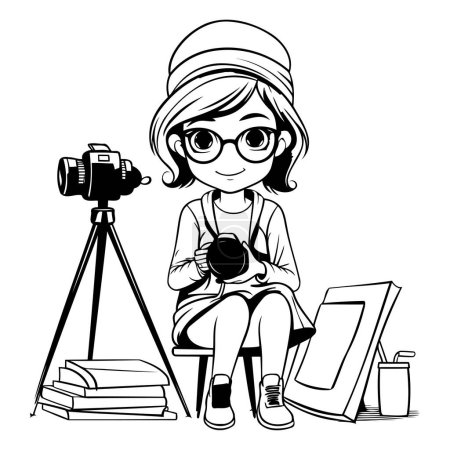 Ilustración de Linda niña con cámara y libros de dibujos animados vector ilustración diseño gráfico - Imagen libre de derechos
