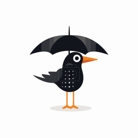 Illustration for Cute black bird under umbrella. Vector illustration in flat style. - Royalty Free Image