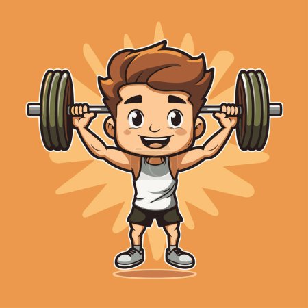 Illustration for Cartoon boy lifting barbell on orange background. Vector illustration. - Royalty Free Image