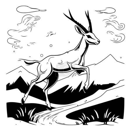 Téléchargez les illustrations : Antilope dans les montagnes. Illustration vectorielle noire et blanche de l'antilope. - en licence libre de droit