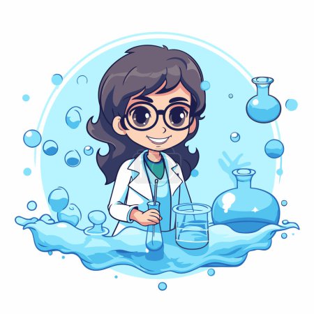Illustration for Scientist girl cartoon character holding flask with chemical liquid. Vector illustration - Royalty Free Image
