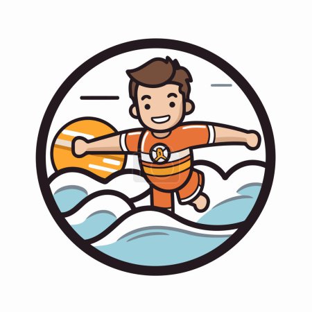 Illustration for Vector illustration of a boy surfing on the waves in round icon. - Royalty Free Image