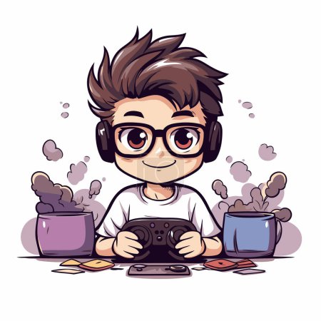 Illustration for Cute boy playing video games. Vector hand drawn cartoon illustration. - Royalty Free Image